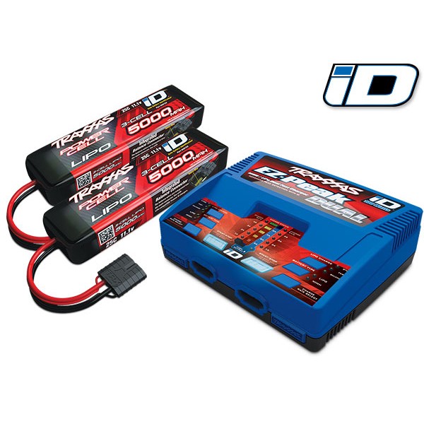 TRAXXAS - BATTERY/CHARGER COMPLETER PACK (DUAL ID CHARGER +5000MAH   3-CELL 25C LIPO BATTERY (2) TRX2990G - PCMshop